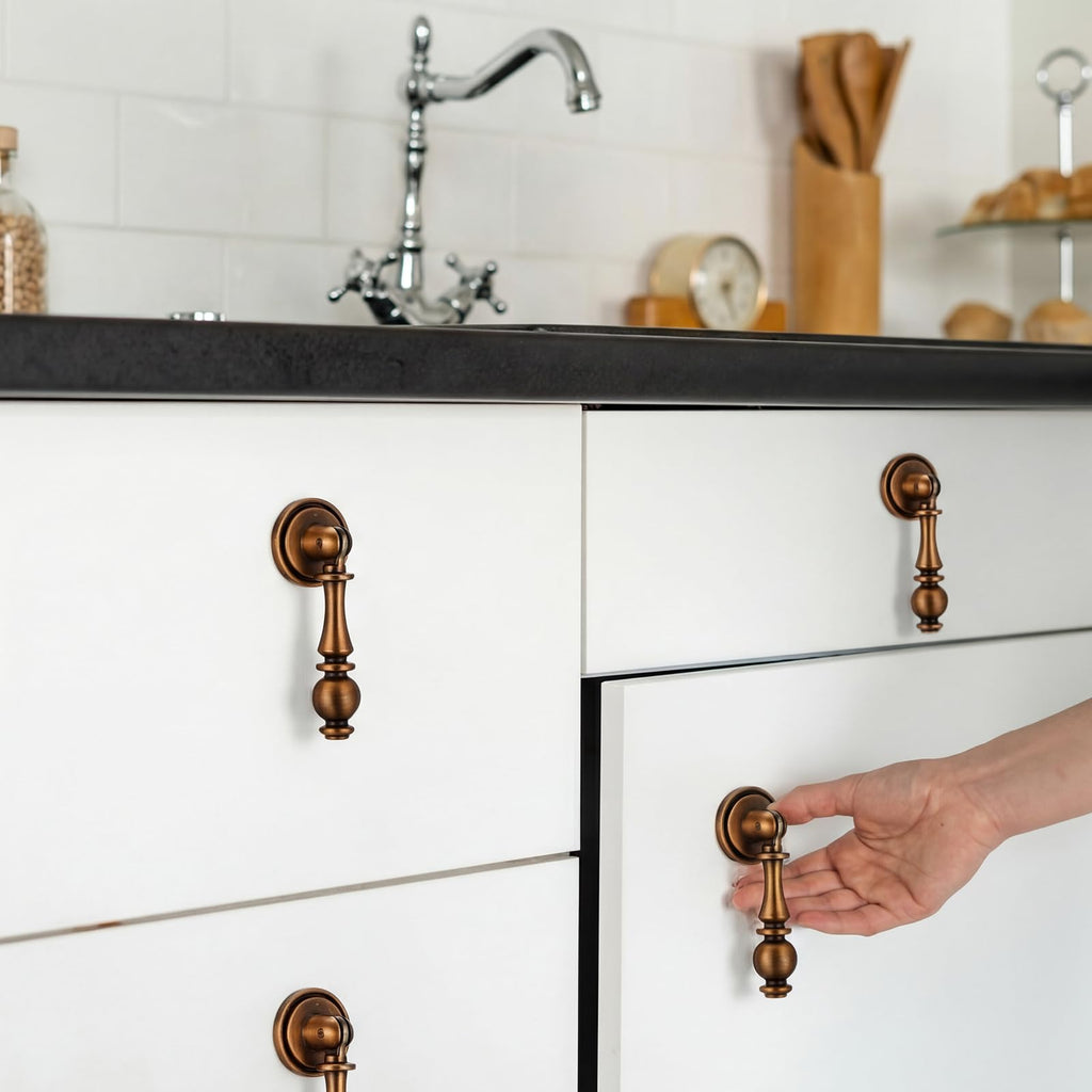6 Pack Antique Brass Drop Cabinet Pulls 2.5 Inch Solid Brass Cabinet Knobs for Dresser and Drawers, Decorative