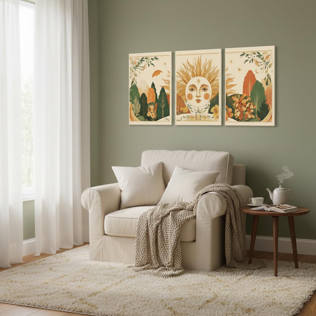 3Pcs Boho Sun Forest Canvas Wall Art, Boho Mountain Wall Decor