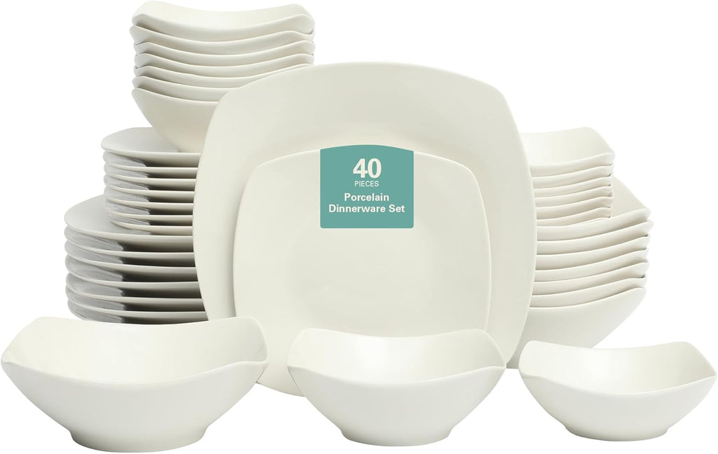 Brentwood 40-Piece Dinnerware Set - Square White Porcelain Plates and Bowls, Service for 8
