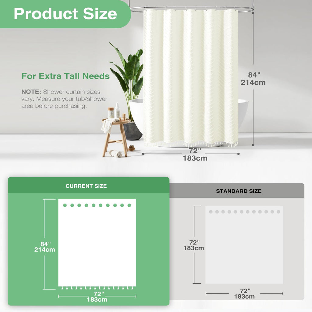 Extra Long Boho Fabric Shower Curtain Tufted Chevron 72"x84" Cream