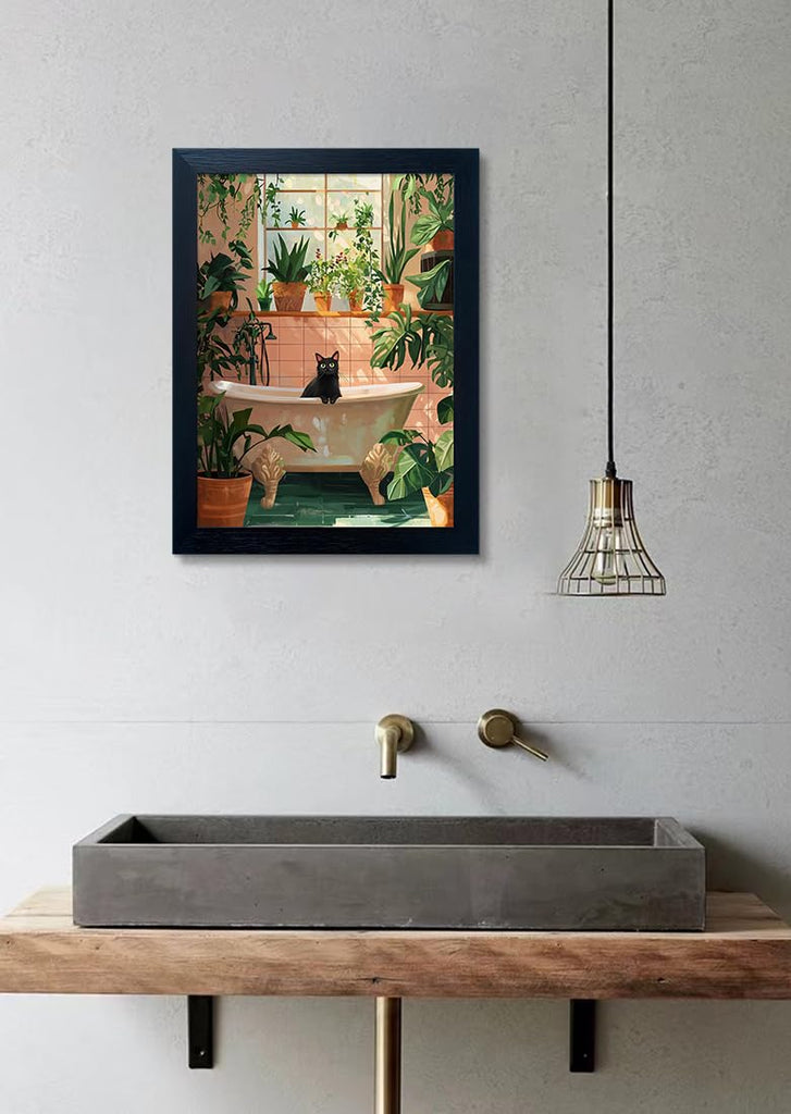 Framed Funny Bathroom Wall Decor Green Plant Picture Painting Modern Bathroom Wall Art Bath Black Cat Canvas Print