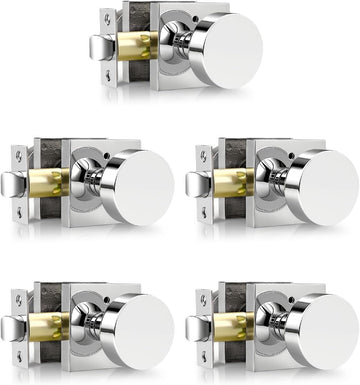 Polished Chrome Privacy Door Knobs with Square Rosette(5 Pack), Interior Heavy Duty Door Handles with Lock, Keyless