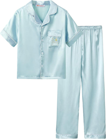 Girls Satin Pajamas, Shorts Sleeve Pants Button Up