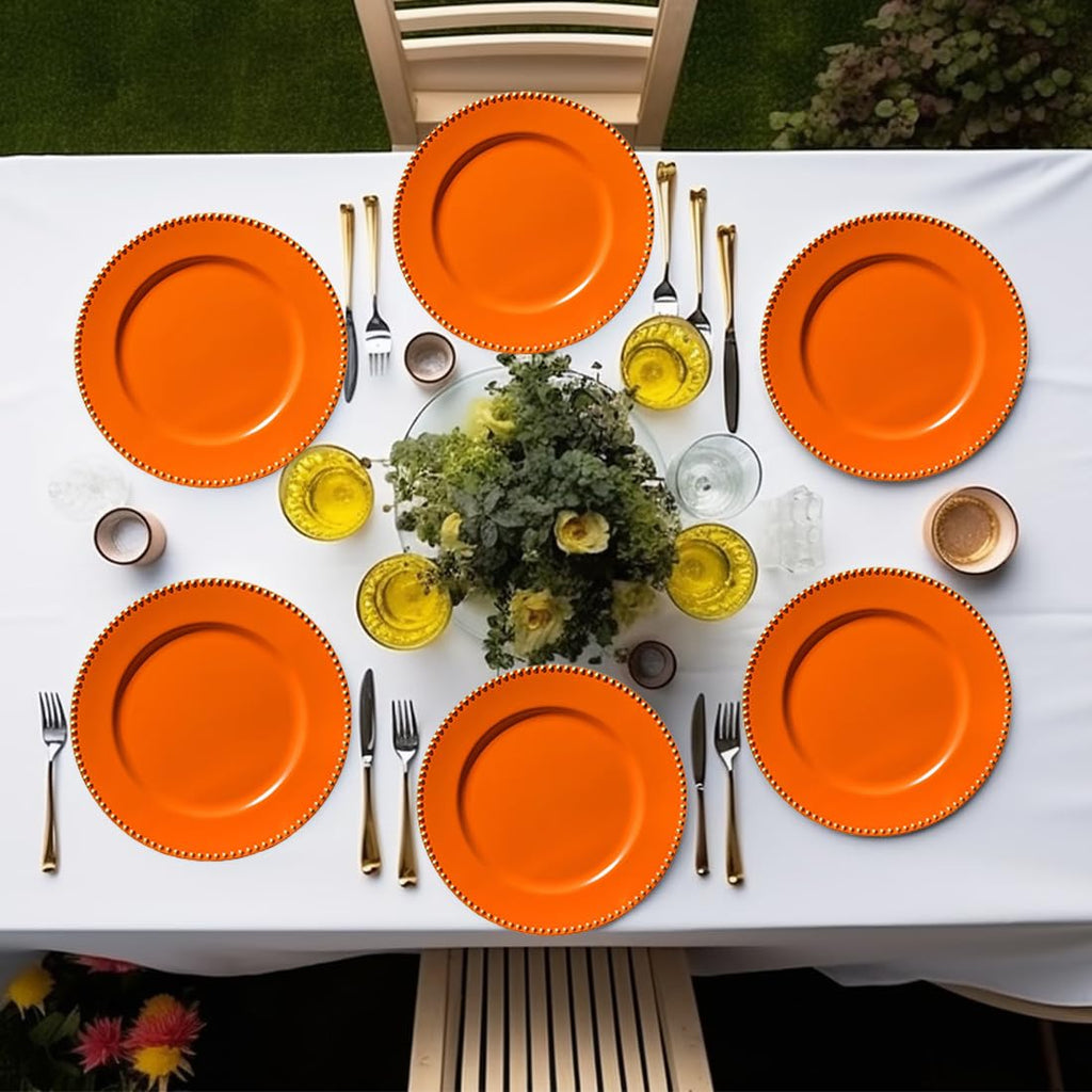 Orange Charger Plates with Beaded Rim, 13" Round Charger for Dinner Plates, Set of 6, Plastic Plate Chargers for
