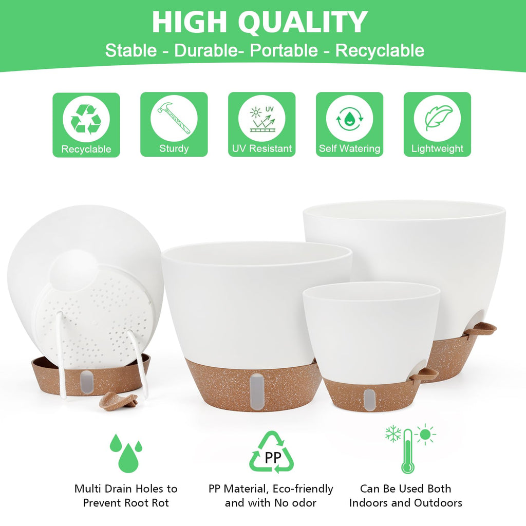 12" 10" 9" 8" Self Watering Pots with Water Level Indicator, Large Plastic Planters Set with Mesh Drainage Hole and