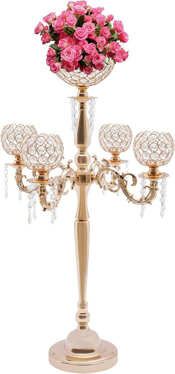 Gold Centerpieces for Table, 5 Arm Crystal Candelabra Holder with Pendant, 4 Candle Slots & 1 Flower Vase, Table
