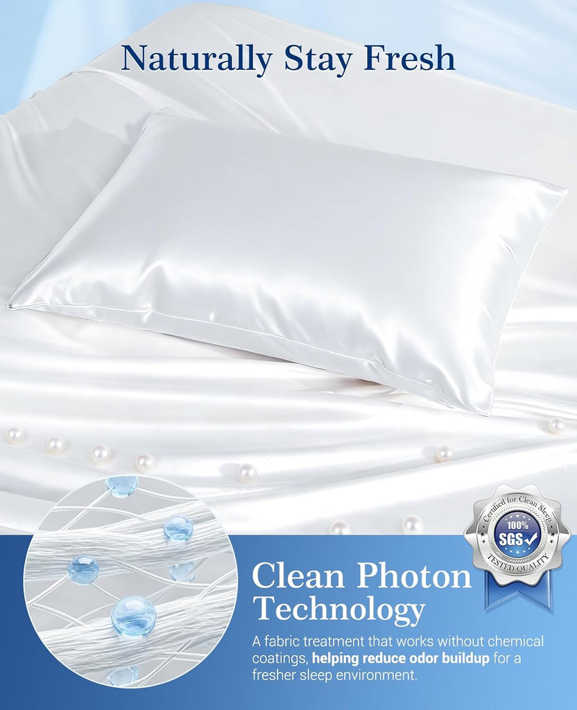 Cooling Satin Pillowcase for Hair & Skin with Zipper 20" x 30" and Cooling Blanket Stripe 90" x 108" White Bundle