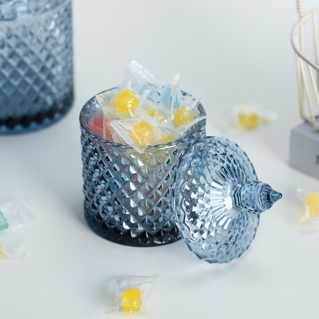 Diamond Faceted Crystal Glass Candy Jar with Lid, Blue Decorative Jar, Jewelry Box, Cotton Swab Storage Holder.