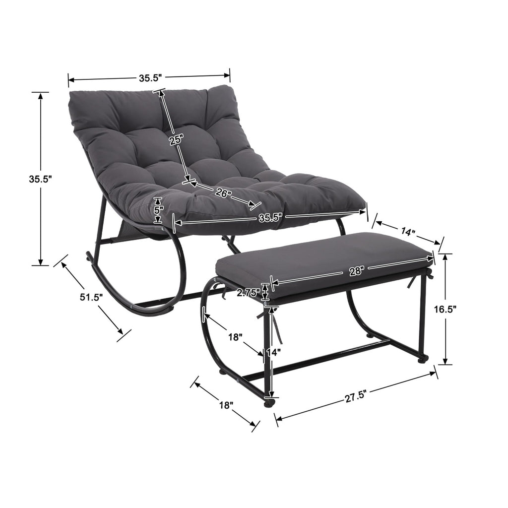 Upholstered Outdoor Rocking Chairs, Modern Patio Rocking Chair Set of 2 with Foot Rest, Sturdy Metal Papasan Rocking