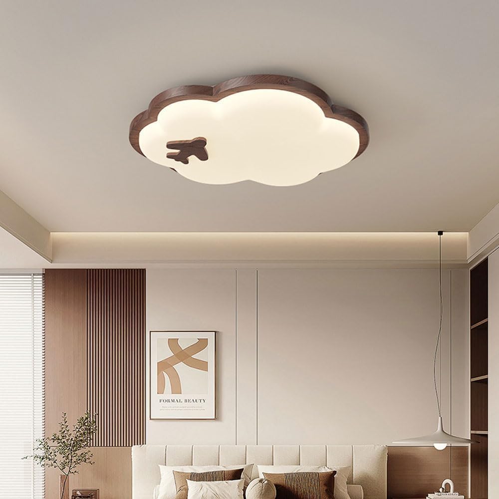 Nordic Walnut Color Cloud Kids Flush Mount Ceiling Light Fixture Modern Minimalist Bedroom Wood Close to Ceiling Lamp