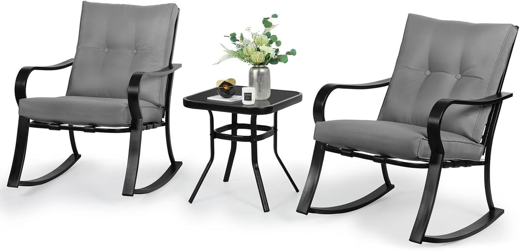 3-Piece Outdoor Rocking Chairs Bistro Set, Black Iron Patio Furniture with Gray Thickened Cushion & Glass-Top Coffee