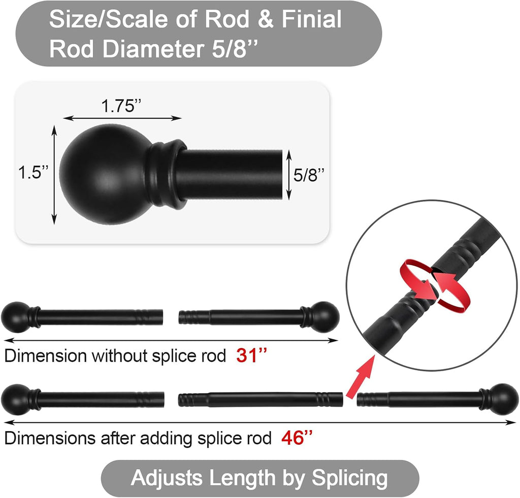 Curtain Rods for Windows 31 or 46 Inch, 5/8" Diameter Black Curtain Rod Adjusts Length by Splicing