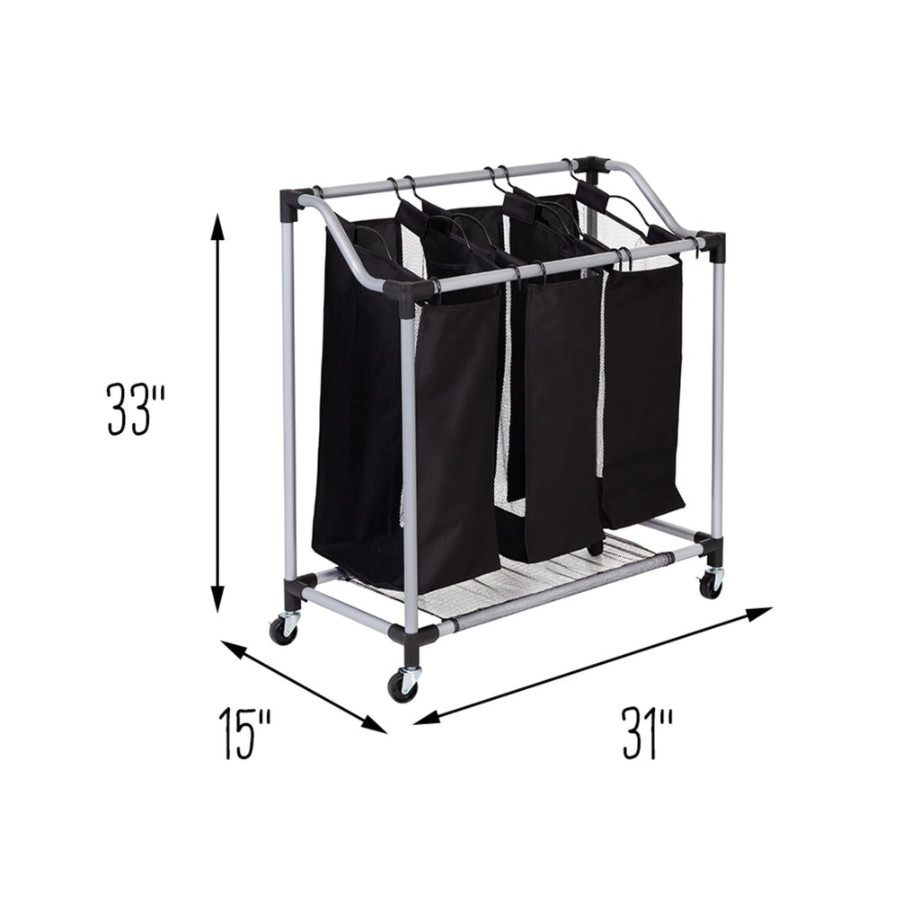Triple Laundry Sorter with Mesh 3 Bags, Steel/Black, 30.75" x 15" x 32.75"