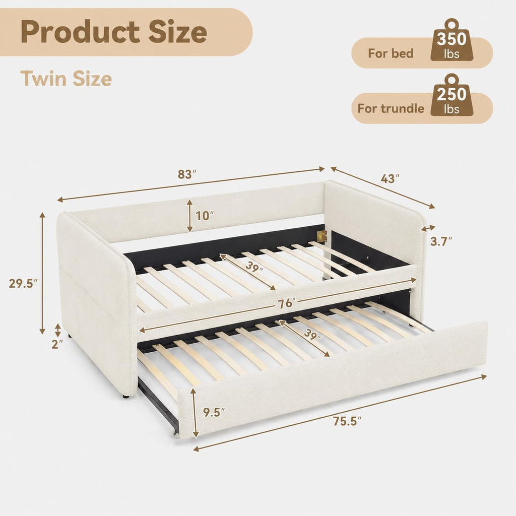 Full Size Daybed with Pop Up Trundle Boucle Upholstered Beige Soft Bou