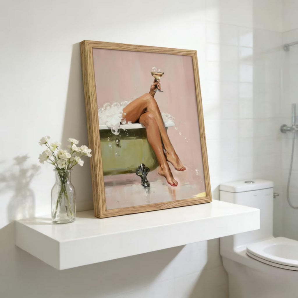 Framed Glam Pink Bubble Bath Canvas Wall Art Vintage Tub Martini Poster Print Elegant Woman Bathroom Wall Decor