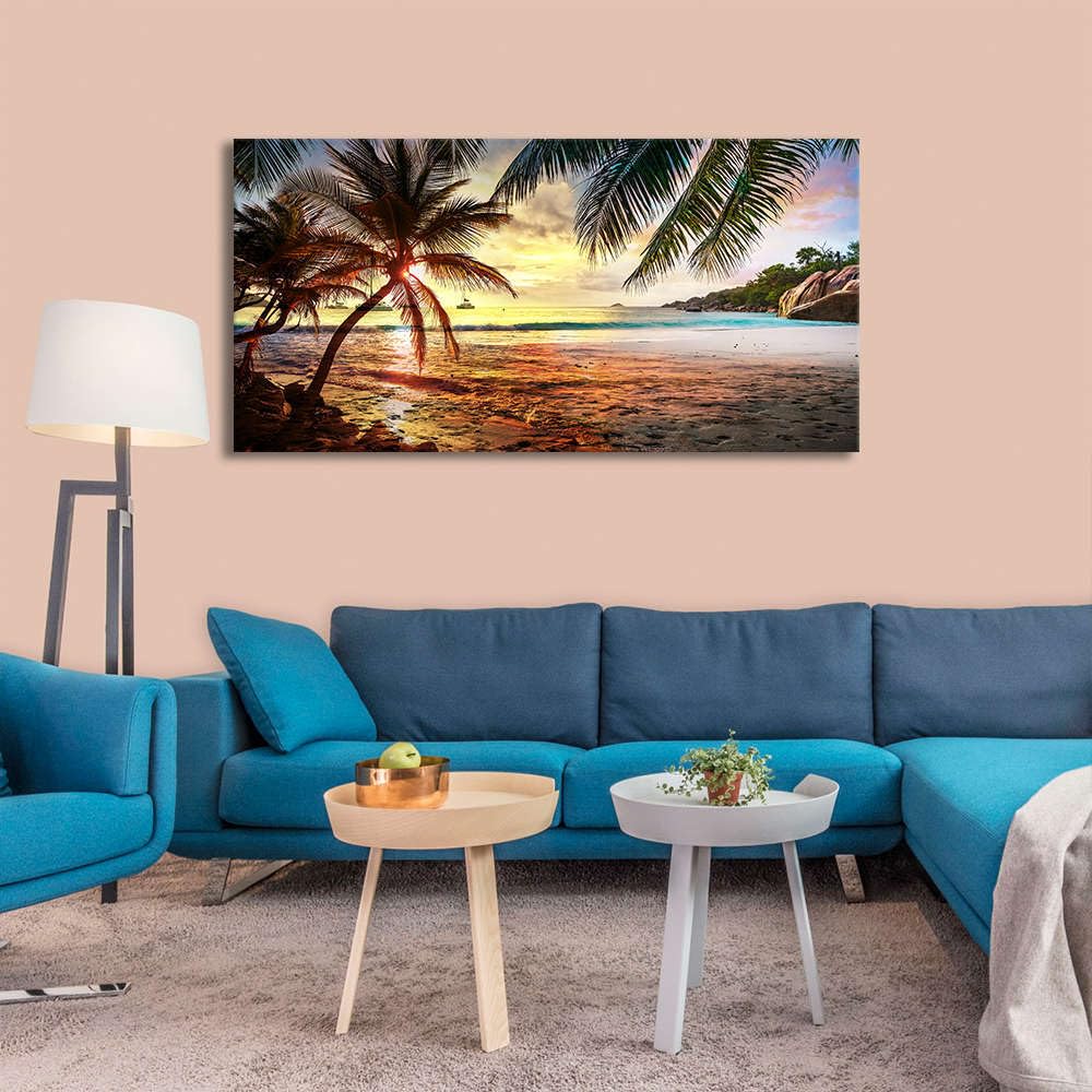 Canvas Wall Art Tropical Palm Tree Summer Ocean Waves Coconut Trees Beach Sunrise Seascape Scenery Painting Nature