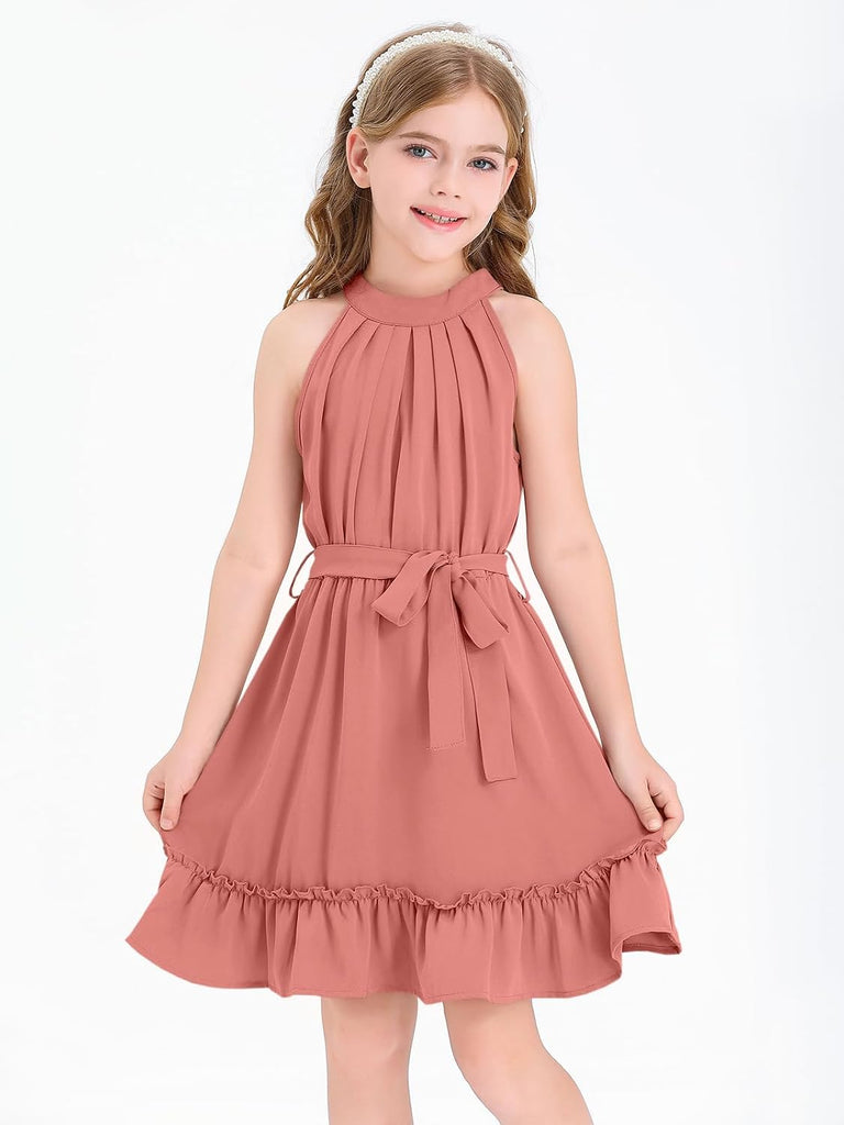 Girl's Halter Summer Dress Tween Tie Waist Pleated Dresses