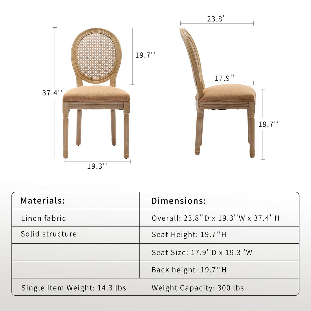 Vintage French Country Dining Chairs Set of 2, Farmhouse Rattan Dining Room Chairs with Round Back, Linen Upholstered