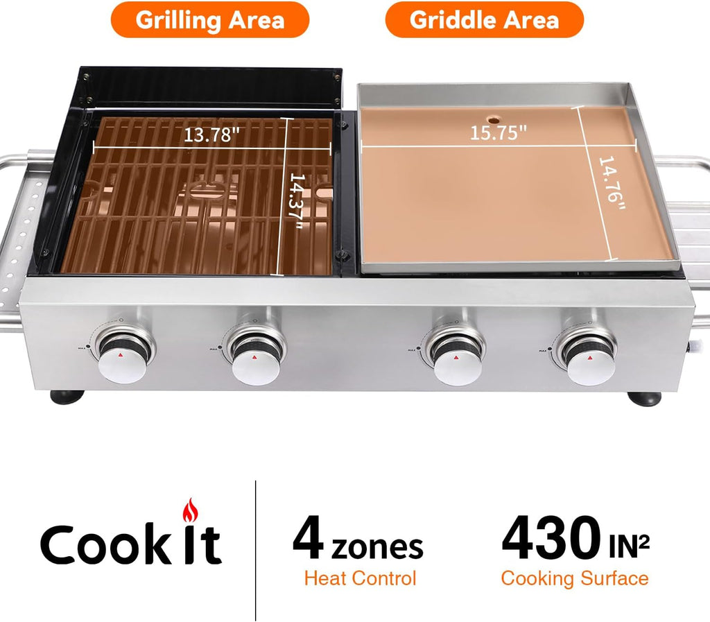 4-Burner Propane Gas Grill and Flat Top Griddle Combo, Stainless Steel Griddle with Cast Iron Grates, Side Shelf and Grease Management for Outdoor BBQ