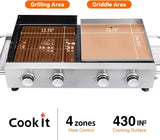 4-Burner Propane Gas Grill and Flat Top Griddle Combo, Stainless Steel Griddle with Cast Iron Grates, Side Shelf and Grease Management for Outdoor BBQ
