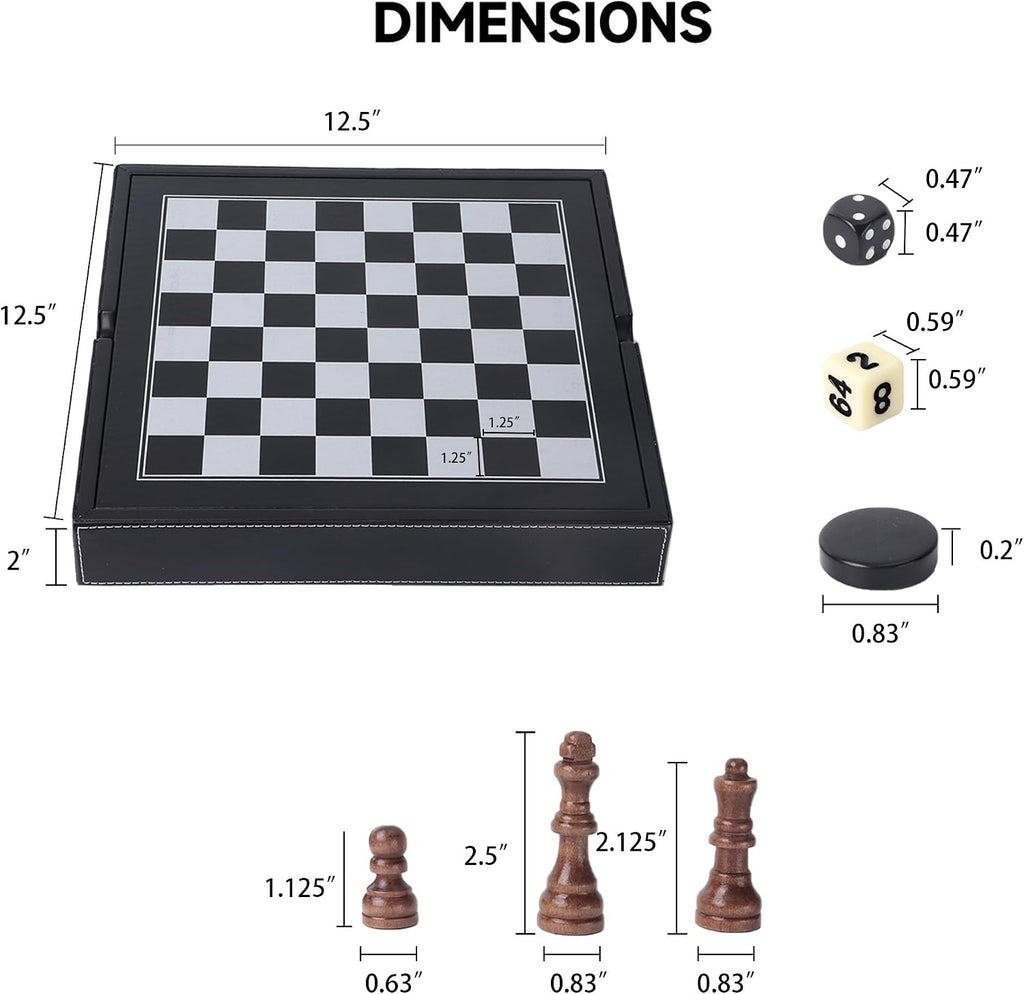 GSE 12.5" Leather 3-in-1 Chess Checkers Backgammon Set for Kids & Adults - Set of 32
