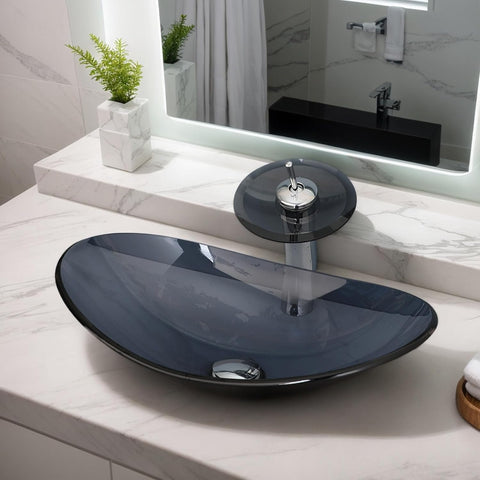 22" x 14" Oval Grey Vessel Sink Glass Sinks Bowl Above Counte, Bathroom Sink with Faucet and Drain Tempered Glass Sinks