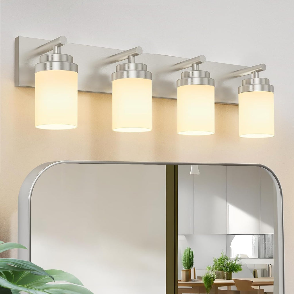 Bathroom Vanity Light Fixture, 4-Light 30 Inch Brushed Nickel Bathroom Light Fixtures Over Mirror, with White Glass