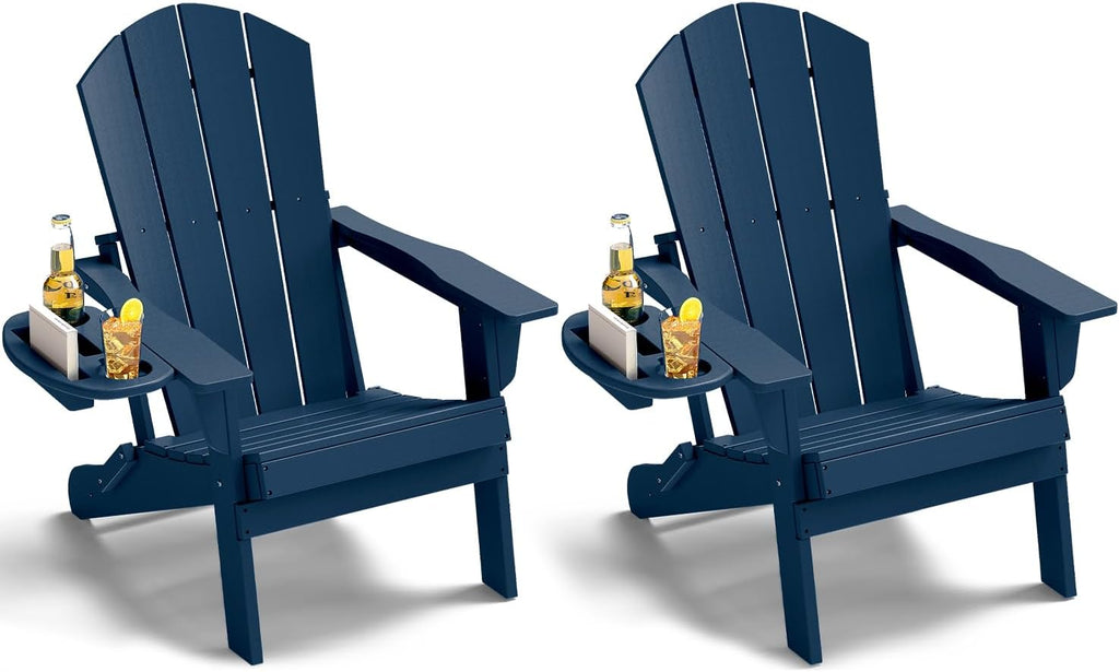 Folding Adirondack Chairs Set of 2 with Cup Holder, HDPE, Navy Blue | Fire Pit Chair with Multifunctional Cup Holder