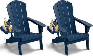 Folding Adirondack Chairs Set of 2 with Cup Holder, HDPE, Navy Blue | Fire Pit Chair with Multifunctional Cup Holder