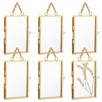 6Pcs Wall Hanging Mini Photo Frames 2x3 Inch Double Glass Picture Frame with Chain Brass Folding Frame DIY Vintage