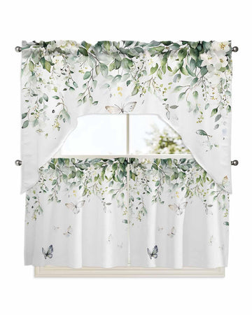 Sage Green Eucalyptus Leaf Kitchen Curtains Sets for Windows 3 Piece, Summer Floral Kitchen Curtains and Valances