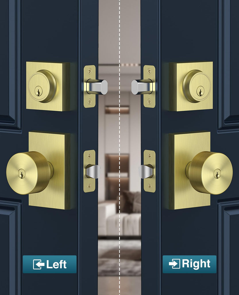 Exterior Door Knob and Deadbolt Set, 2 Pack Gold Front Door Lock Set Exterior, Keyed Alike Entry Door Knob for Right