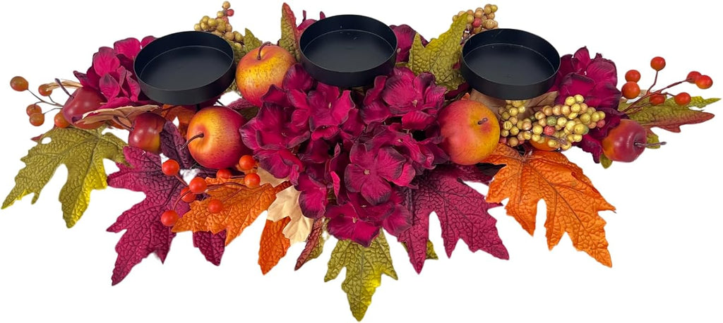 26 Inch Fall Candle Holder Centerpiece with Hydrangea and Apples | Three Candle Cups, Burgundy Hydrangea and Faux