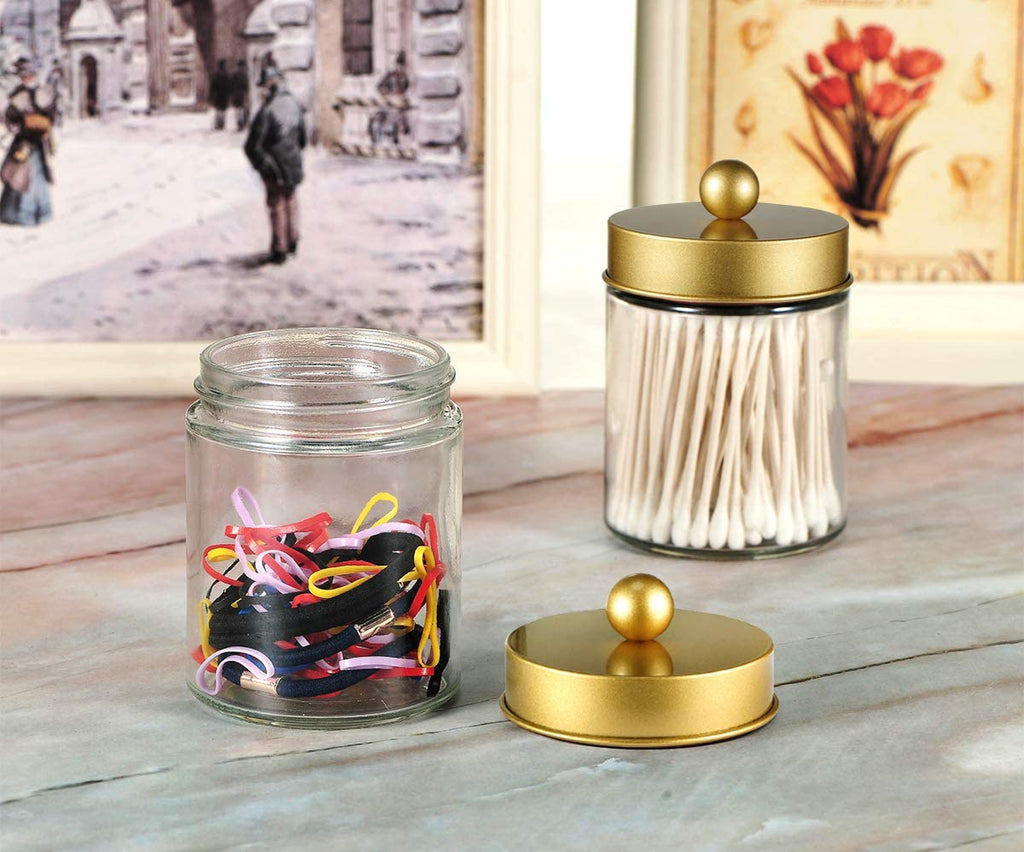 Glass Apothecary Jar Qtip Holder Metal Lids 4pc/Gold