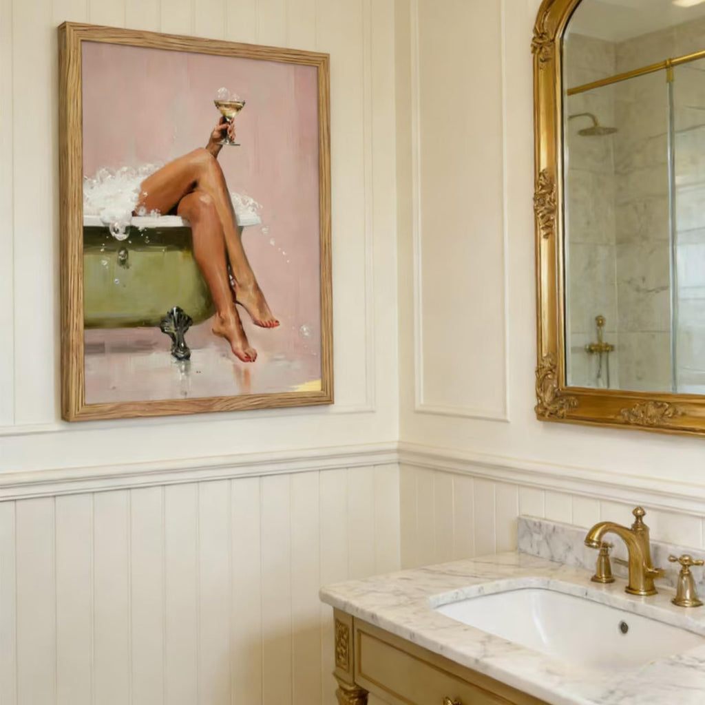 Framed Glam Pink Bubble Bath Canvas Wall Art Vintage Tub Martini Poster Print Elegant Woman Bathroom Wall Decor