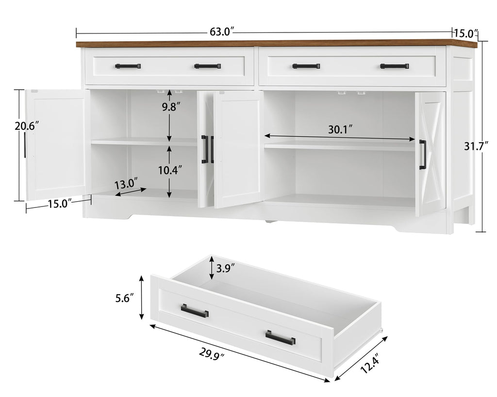 63" W Buffet Cabinet with Storage, Sideboard Cabinet with 2 Adjustable Shelves and 4 Doors, Modern Farmhouse Coffee