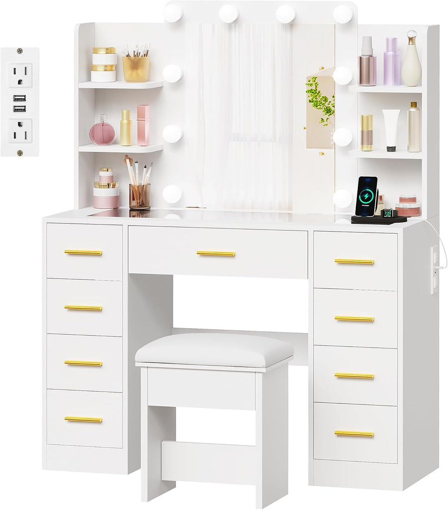 Large Vanity Desk with Mirror and Lights,Glass Top,9 Drawers | White Makeup Vanity Table with 4 Storage