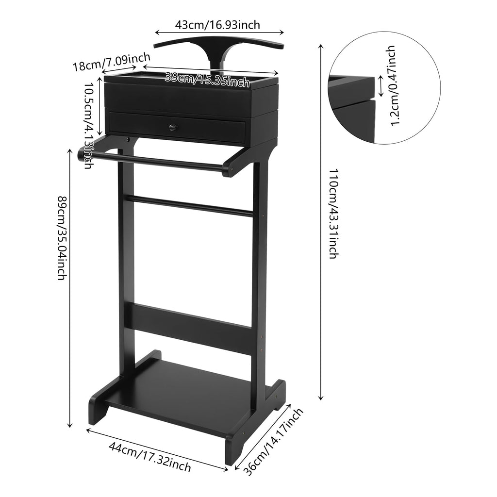 Valet Stand with Drawer and Top Tray, Wood Mens Suit Valet Stand with Wood Base, Freestanding Clothes Valet Stand