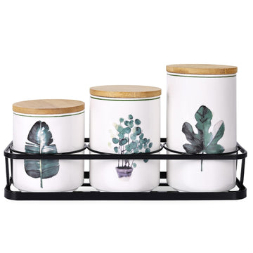 Ceramic Canister Set Countertop - A Set of 3 Kitchen Canisters with Tiered Shelf, Airtight Countertop Flour and Sugar