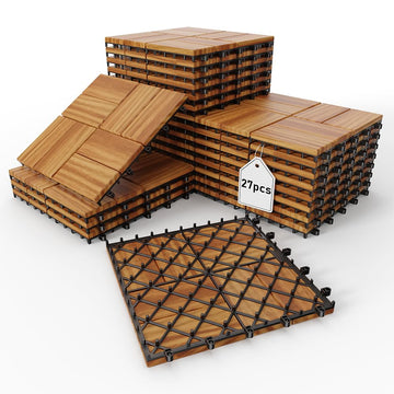 27 PCS 12" X 12" Acacia Deck Tiles, Waterproof Interlocking Deck Tiles for Indoor/Outdoor Wood Flooring, Easy DIY Snap