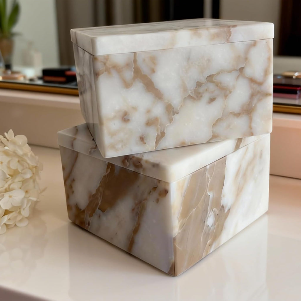 Natural Marble Ring Jewelry Box Cotton Swab Storage Box with Lid Storage Box (Calacatta Gold)
