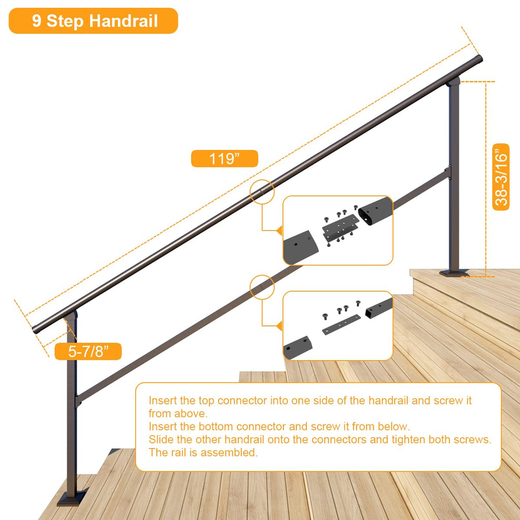 9 Step Handrail, Black Iron Stair Railing, Outdoor Indoor, 2 Pack