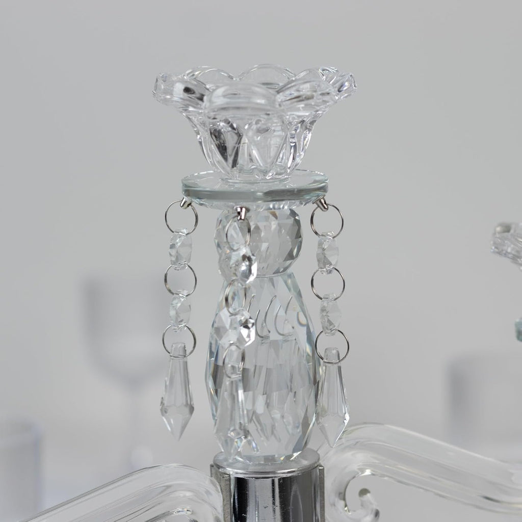 Crystal 3-Arm Candelabra Taper Candle Holder with Hanging Prisms & Round Mirror Base - Faceted Cut Glass Design - 14"