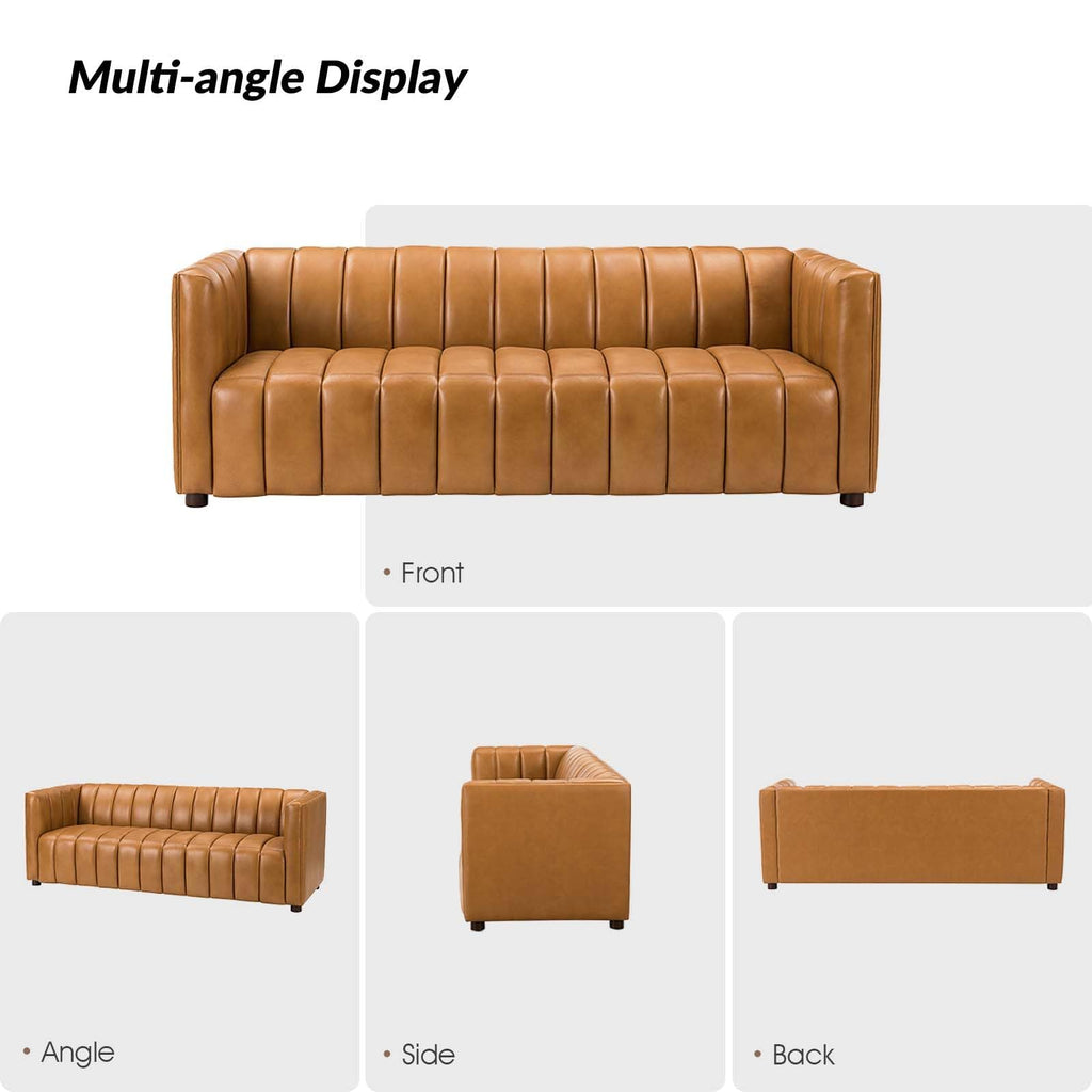 83" Genuine Leather Sofa with Channel Tufted Design, Camel