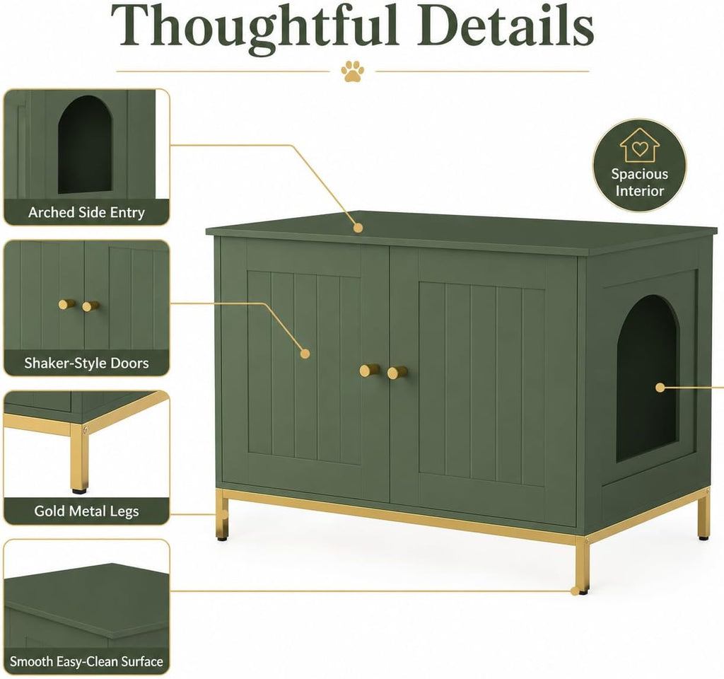 28.3" L Cat Litter Box Enclosure with Metal Frame, Green and Gold