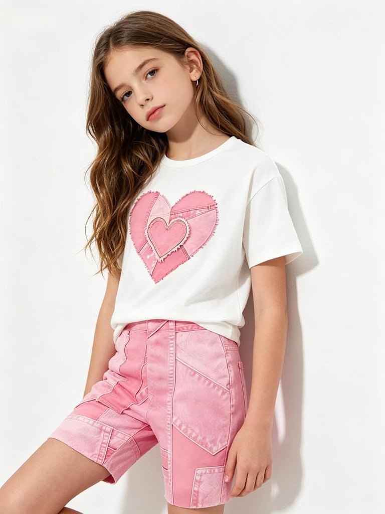 Girls 2 Piece Summer Heart Print Short Set Teen Girl Outfits Girls Clothing Set