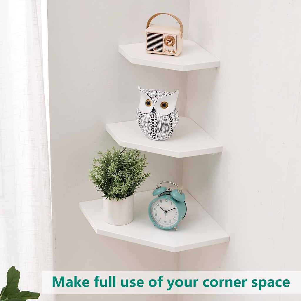 Corner Wall Shelves Set 2 Wire Hole Solid Oak Wood Display Shelf, White