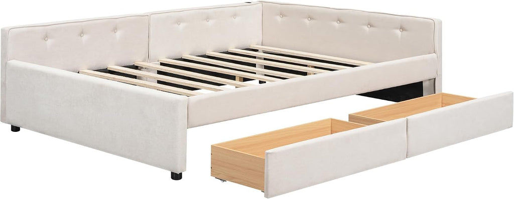 Queen Corner bedframe with Twin Twin Trundle and USB,Upholstered daybed, L-Shape daybed Living Room, Beige + Linen