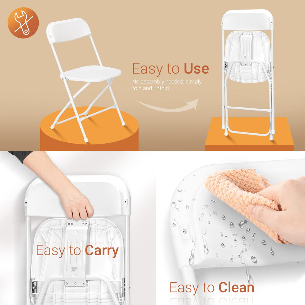 White Folding Chair, Foldable Metal Frame with Solid Plastic Seat, Portable for Event Party Outside Dining Game, 10 Pack