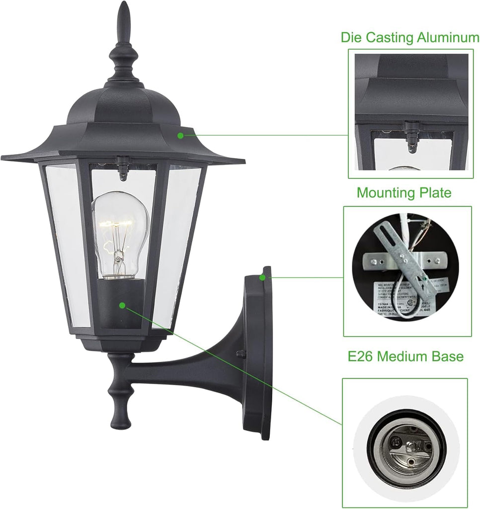 2 Pack Outdoor Wall Light, Black Wall Sconce Porch Lighting Fixture, E26 Base 60W Max, Metal Housing Plus Glass, Wet